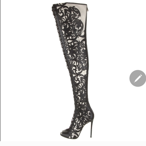 Balmain Shoes - Balmain Lace-Up Laser-Cut Leather Thigh Boots Size 41